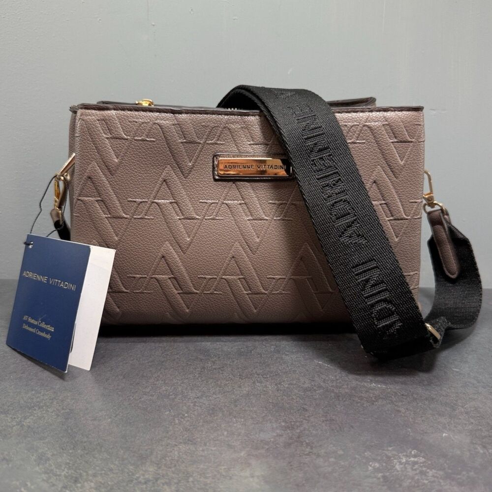 Adrienne Vittadini AV Status Debossed Crossbody Mushroom Logo Strap NWT
